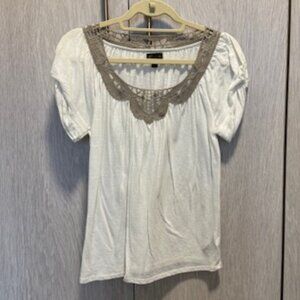 Fei for Anthropologie Cream Top with Lace Neckline, Size Medium